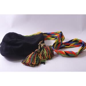 Wayuu Mochila Bag, Black, Crossbody Bag Colombia, Colorful Strap ~ 250809-WH 459